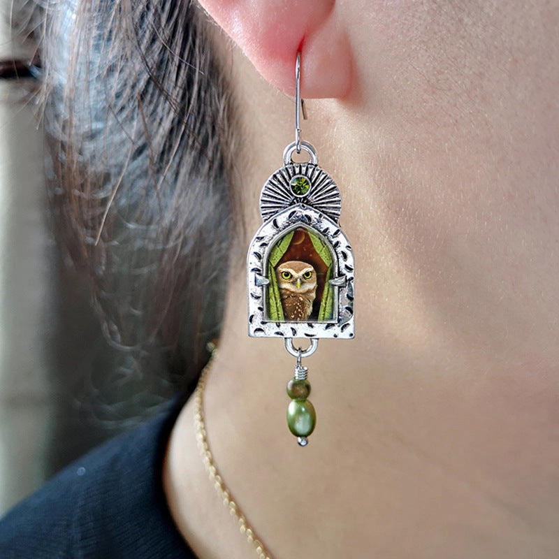 Wholesale Vintage Owl Diamond Pearl Metal Earrings
