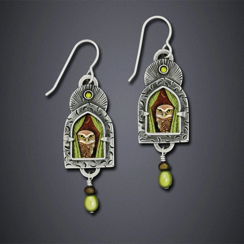 Wholesale Vintage Owl Diamond Pearl Metal Earrings