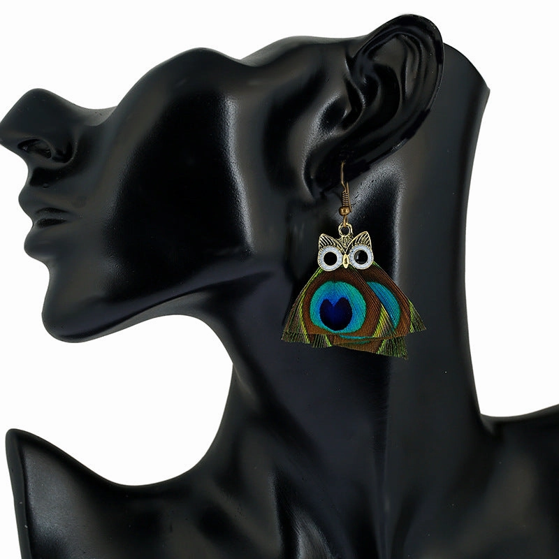 Wholesale Vintage Owl Peacock Feather Alloy Earrings