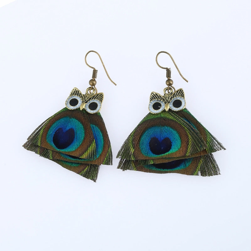 Wholesale Vintage Owl Peacock Feather Alloy Earrings