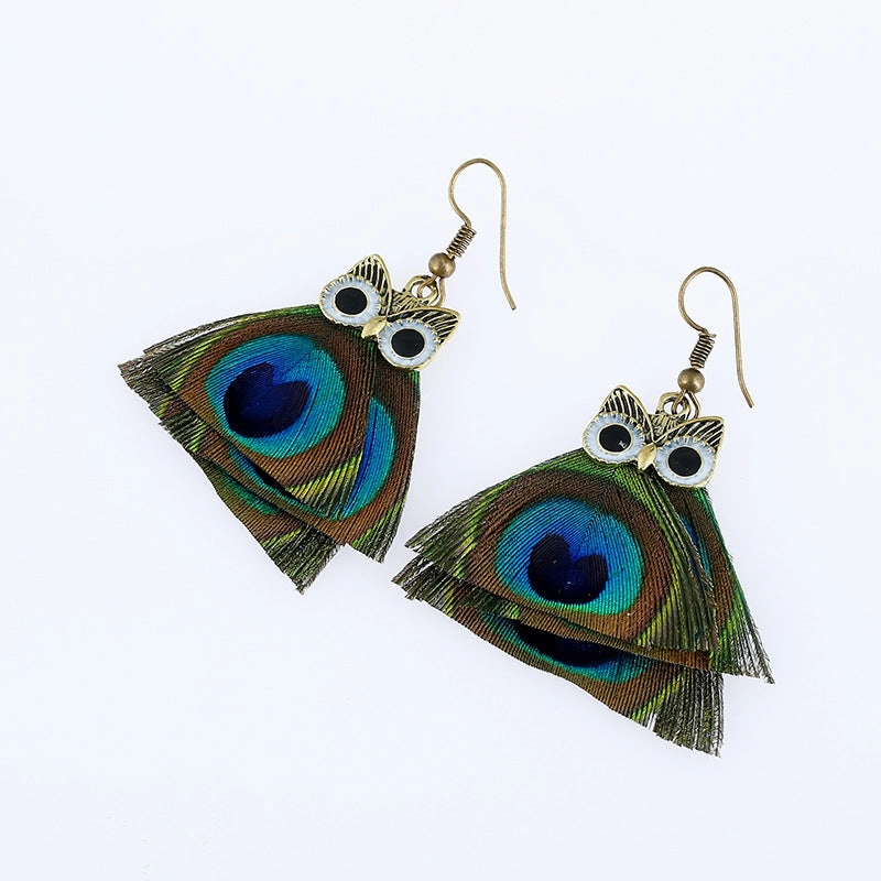 Wholesale Vintage Owl Peacock Feather Alloy Earrings