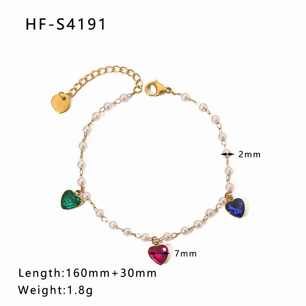 Wholesale Vintage Round Butterfly Natural Stone Zircon Pearl Stainless Steel Bracelet