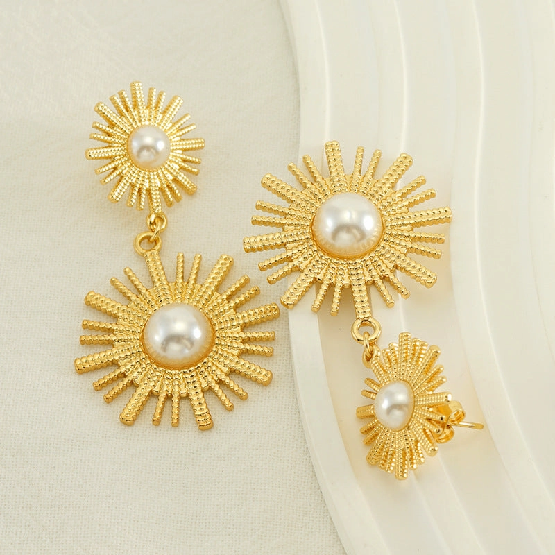 Wholesale Vintage Round Sunflower Pearl Titanium Steel Gold Plated Earrings