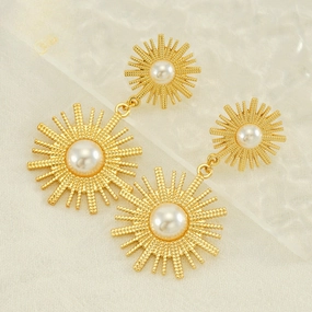 Wholesale Vintage Round Sunflower Pearl Titanium Steel Gold Plated Earrings