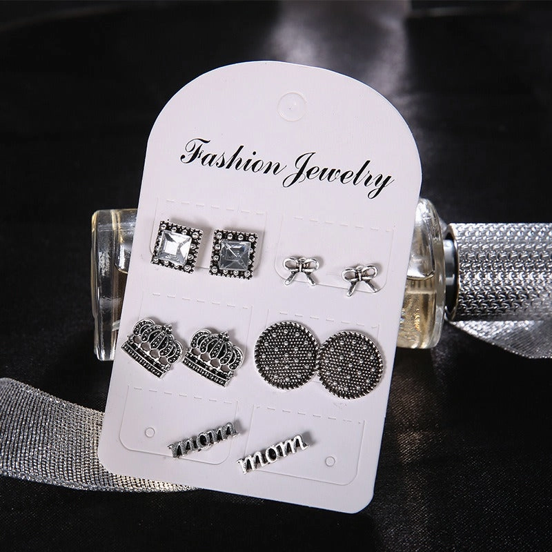 Wholesale Vintage Set with Diamonds Crown Letters MOM Stud Earrings Set of 5 Pairs