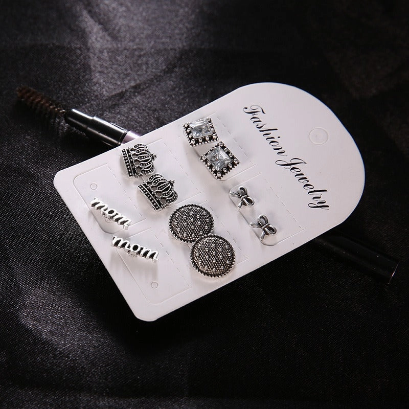 Wholesale Vintage Set with Diamonds Crown Letters MOM Stud Earrings Set of 5 Pairs