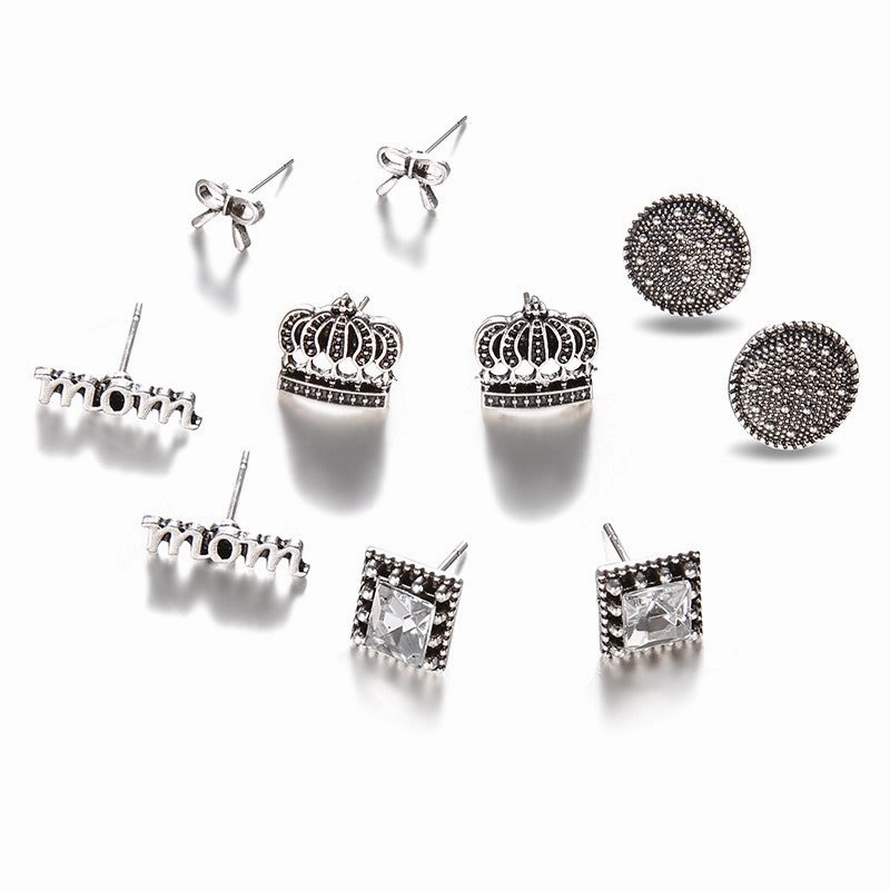 Wholesale Vintage Set with Diamonds Crown Letters MOM Stud Earrings Set of 5 Pairs