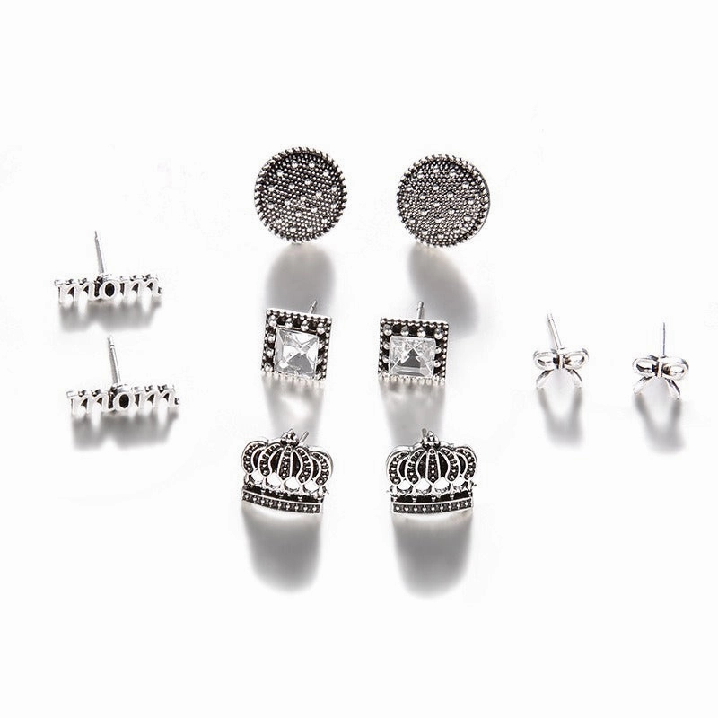 Wholesale Vintage Set with Diamonds Crown Letters MOM Stud Earrings Set of 5 Pairs