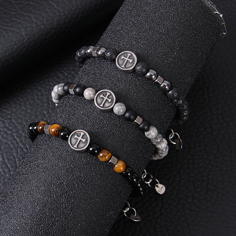 Wholesale Vintage Stainless Steel Cross Men's Natural Stone Beaded Bracelet