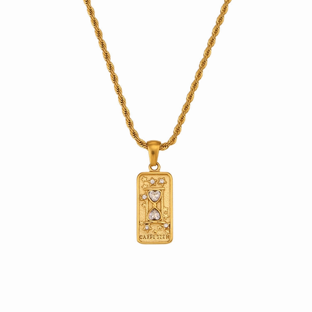 Wholesale Vintage Stainless Steel Rectangular Oil Dripping Zircon Tarot Card Necklace