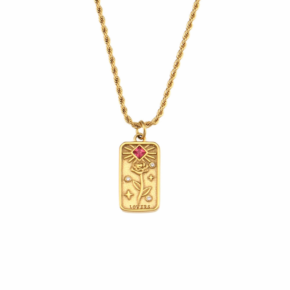 Wholesale Vintage Stainless Steel Rectangular Oil Dripping Zircon Tarot Card Necklace