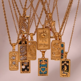 Wholesale Vintage Stainless Steel Rectangular Oil Dripping Zircon Tarot Card Necklace