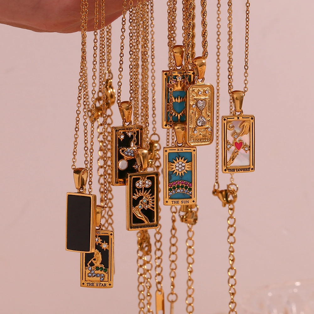 Wholesale Vintage Stainless Steel Rectangular Oil Dripping Zircon Tarot Card Necklace