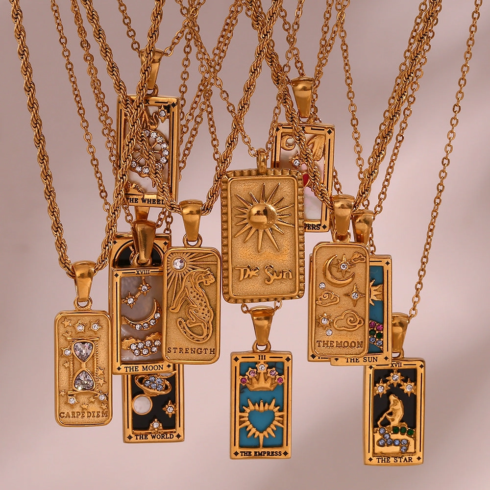 Wholesale Vintage Stainless Steel Rectangular Oil Dripping Zircon Tarot Card Necklace