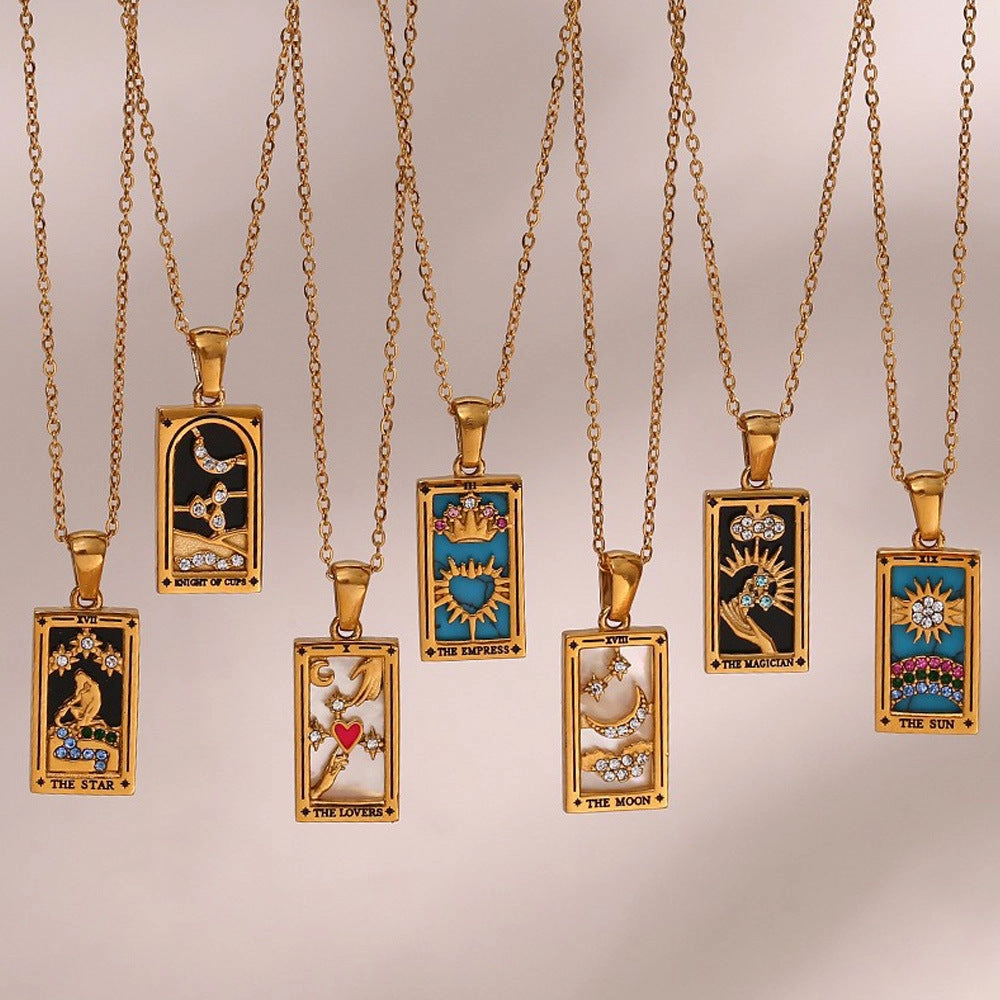 Wholesale Vintage Stainless Steel Rectangular Oil Dripping Zircon Tarot Card Necklace