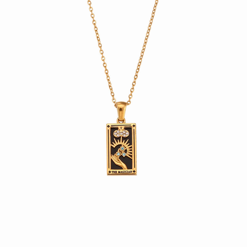 Wholesale Vintage Stainless Steel Rectangular Oil Dripping Zircon Tarot Card Necklace