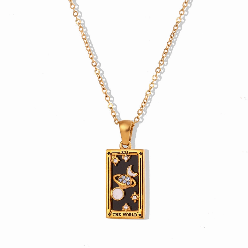 Wholesale Vintage Stainless Steel Rectangular Oil Dripping Zircon Tarot Card Necklace