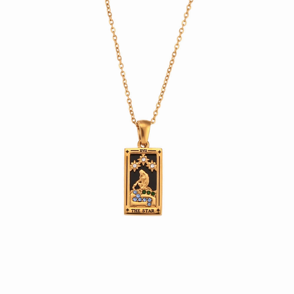 Wholesale Vintage Stainless Steel Rectangular Oil Dripping Zircon Tarot Card Necklace