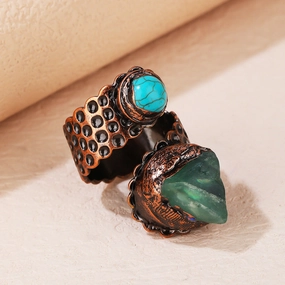 Wholesale Vintage style green fluorite adjustable bronze double head snake ring