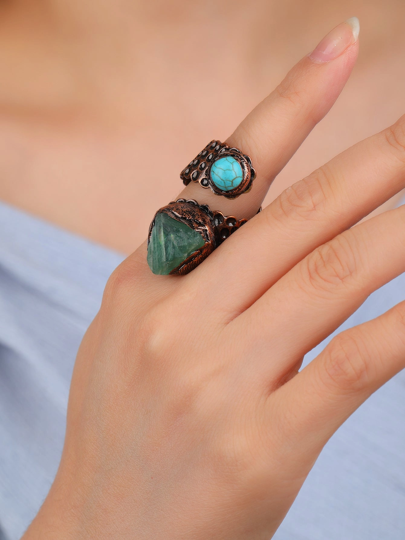 Wholesale Vintage style green fluorite adjustable bronze double head snake ring