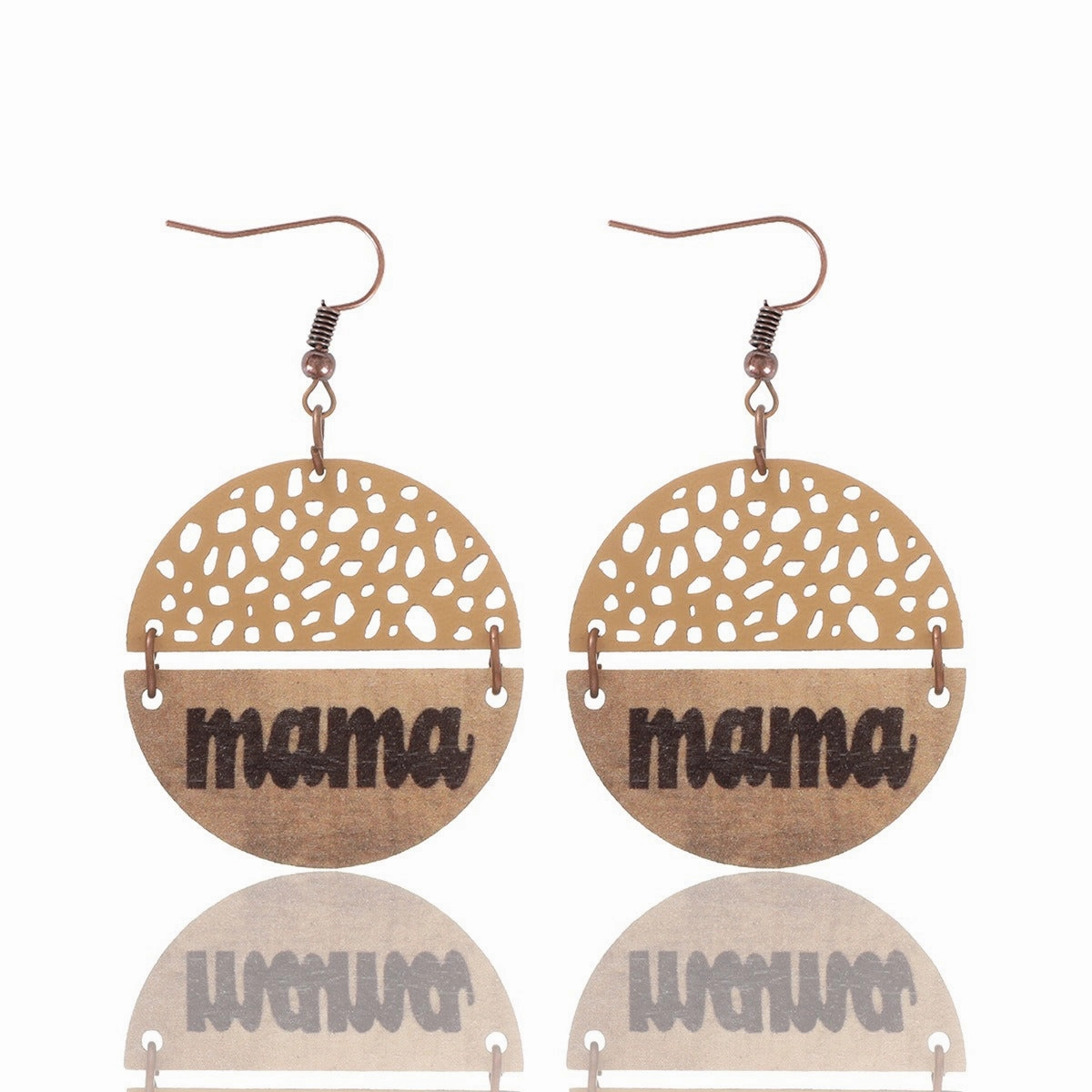 Wholesale Vintage Style MAMA Round Wood Chip Leather Earrings