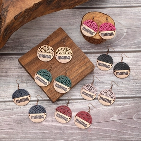 Wholesale Vintage Style MAMA Round Wood Chip Leather Earrings