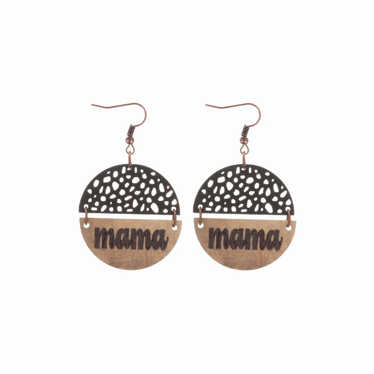 Wholesale Vintage Style MAMA Round Wood Chip Leather Earrings