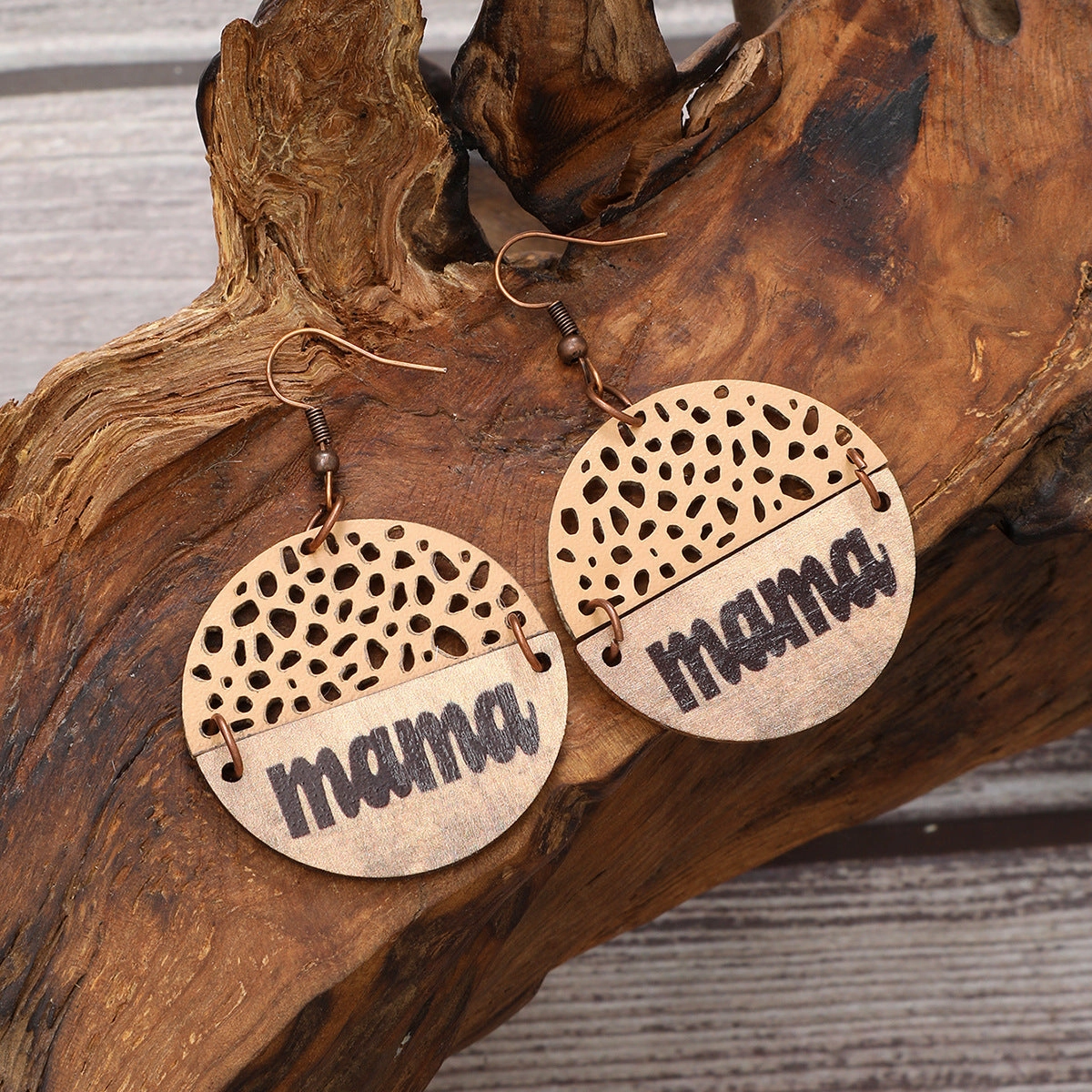 Wholesale Vintage Style MAMA Round Wood Chip Leather Earrings