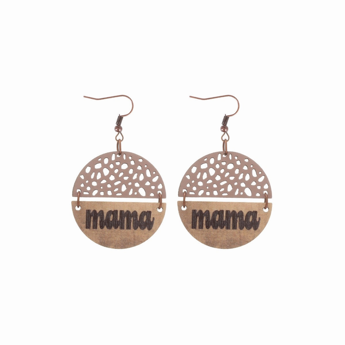 Wholesale Vintage Style MAMA Round Wood Chip Leather Earrings
