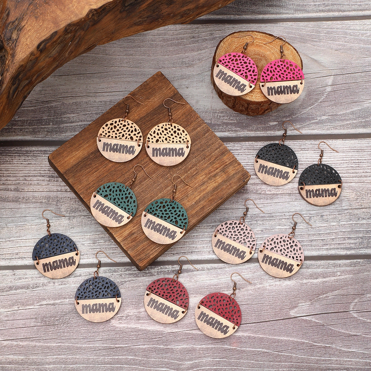 Wholesale Vintage Style MAMA Round Wood Chip Leather Earrings