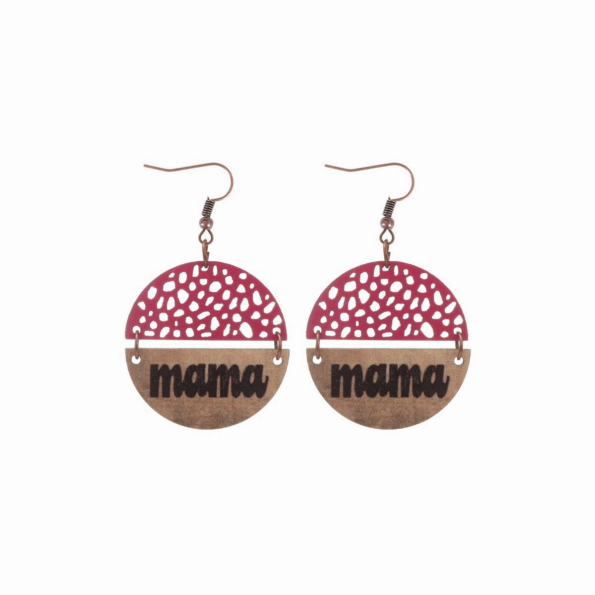Wholesale Vintage Style MAMA Round Wood Chip Leather Earrings