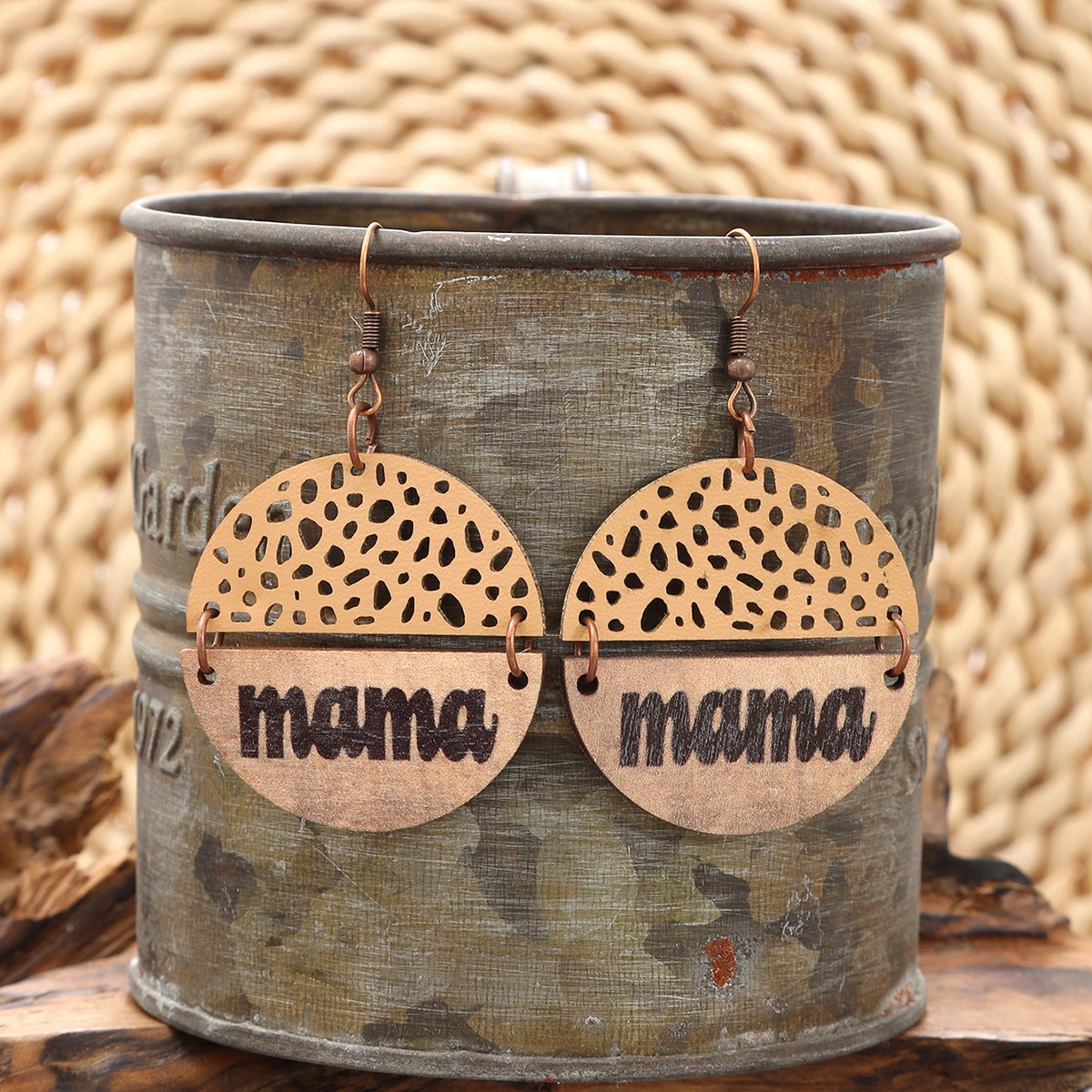 Wholesale Vintage Style MAMA Round Wood Chip Leather Earrings