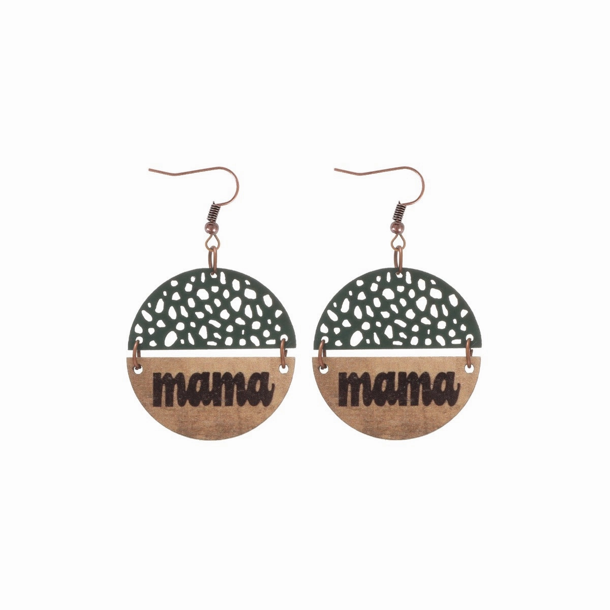 Wholesale Vintage Style MAMA Round Wood Chip Leather Earrings