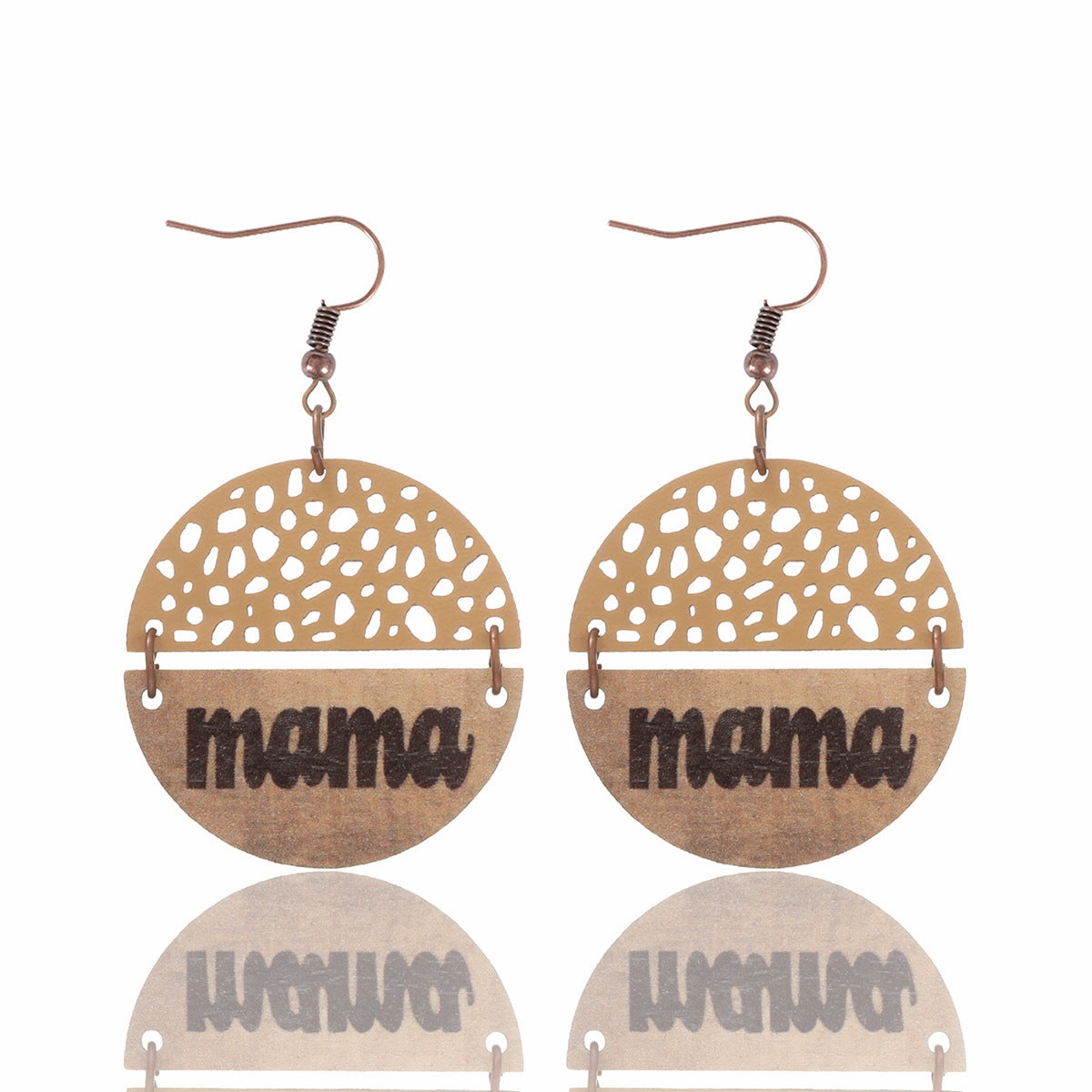 Wholesale Vintage Style MAMA Round Wood Chip Leather Earrings