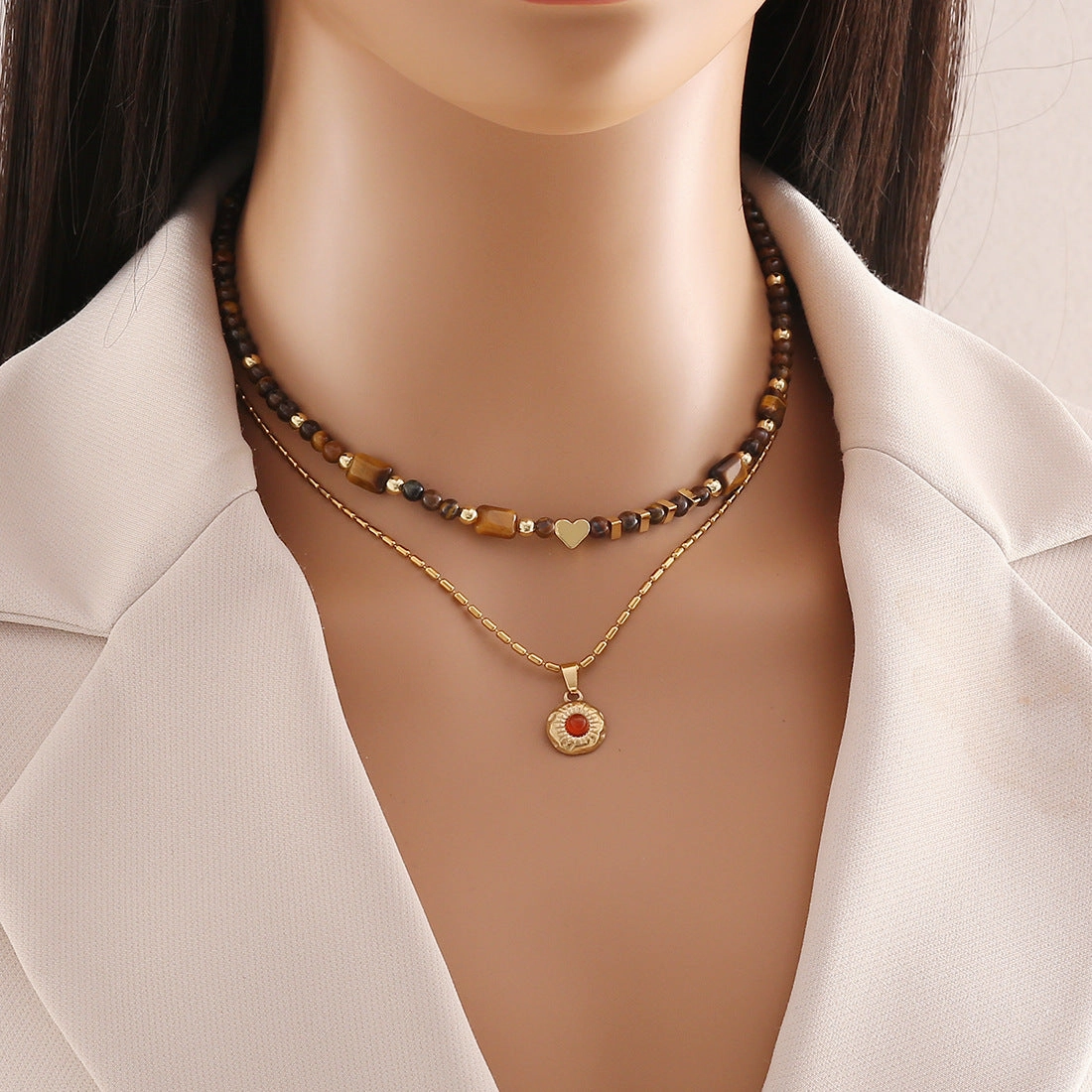 Wholesale Vintage Tiger Eye Stone Beaded Necklace Bracelet Earrings Set