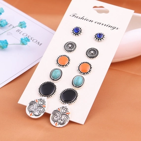 Wholesale Vintage Totem Gemstone Alloy Ear Studs 6 Pairs