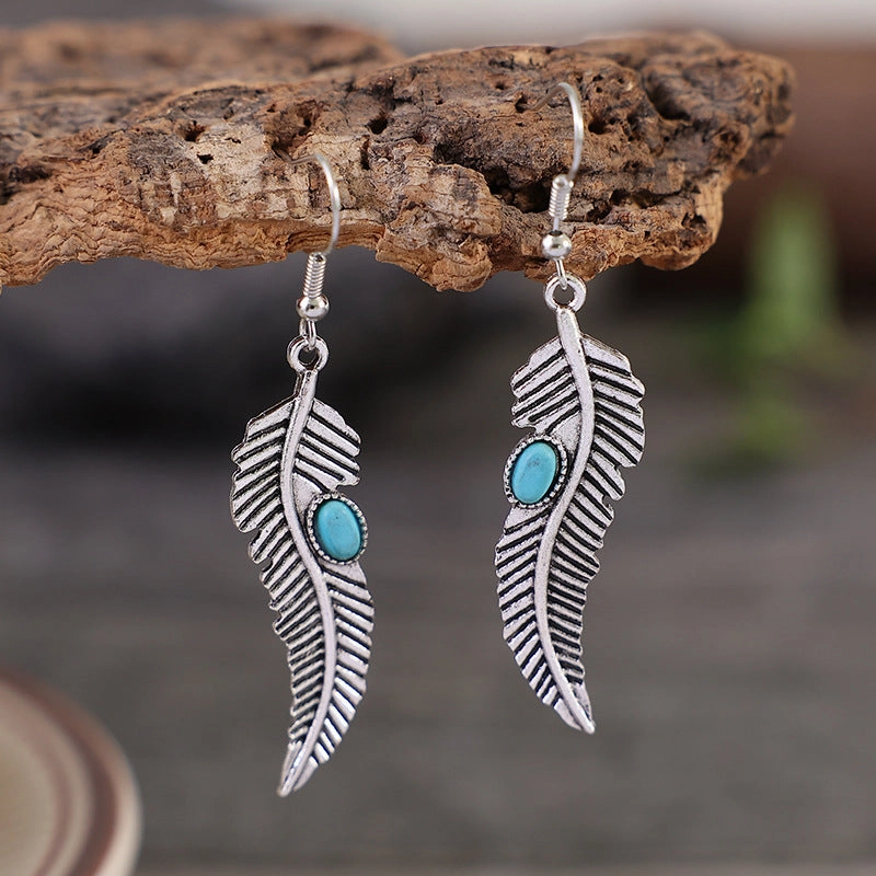 Wholesale Vintage Turquoise Feather Alloy Earrings