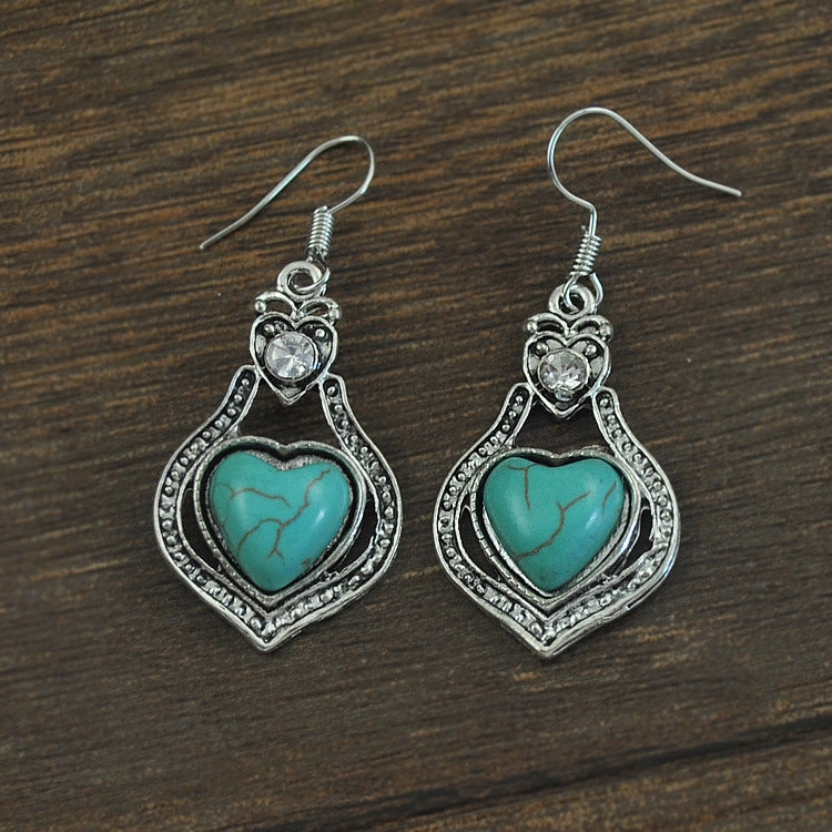 Wholesale Vintage Turquoise Hollow Heart Diamond Alloy Earrings