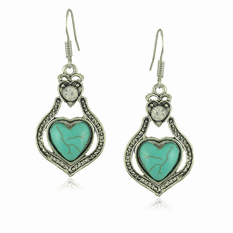 Wholesale Vintage Turquoise Hollow Heart Diamond Alloy Earrings