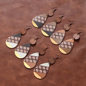 Wholesale Vintage Water Drop Leather Wood Chip Earrings