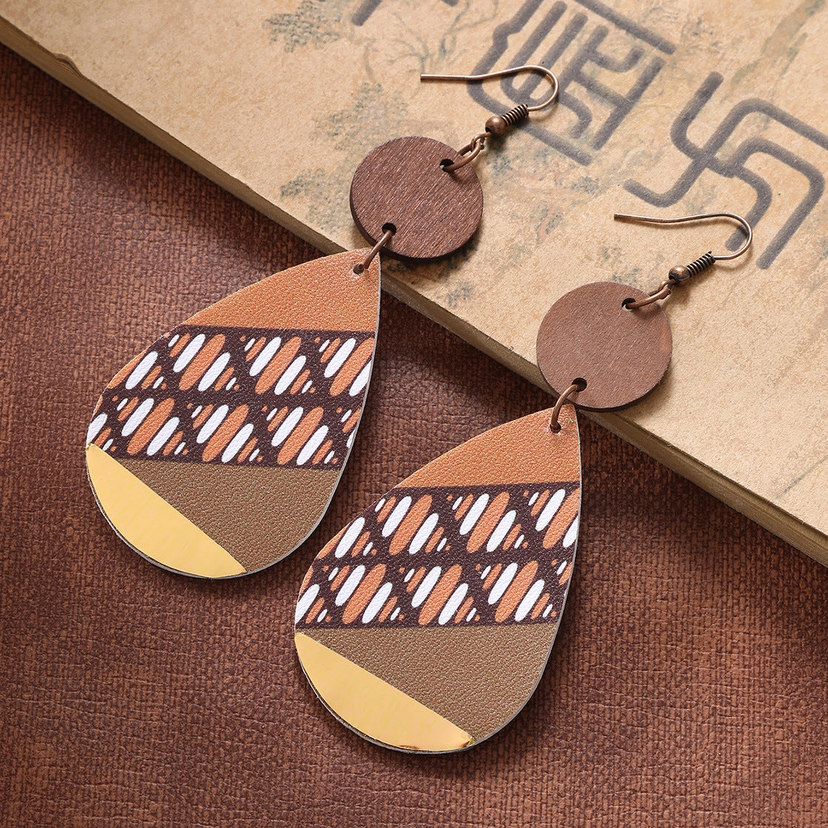 Wholesale Vintage Water Drop Leather Wood Chip Earrings