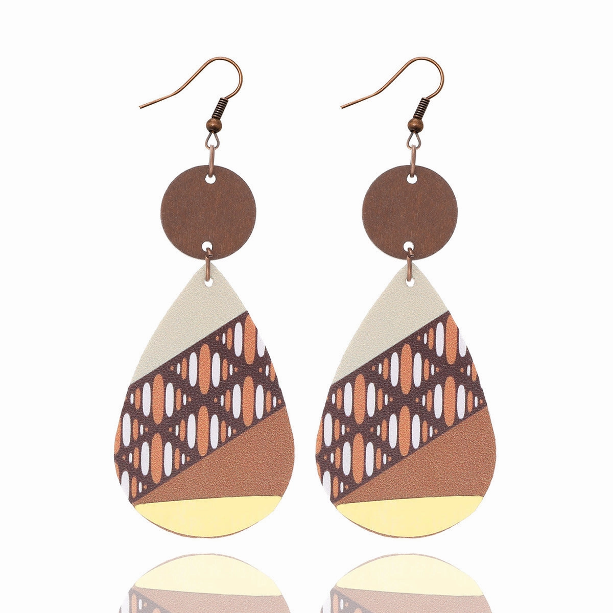 Wholesale Vintage Water Drop Leather Wood Chip Earrings