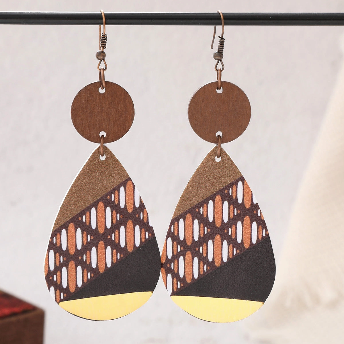 Wholesale Vintage Water Drop Leather Wood Chip Earrings