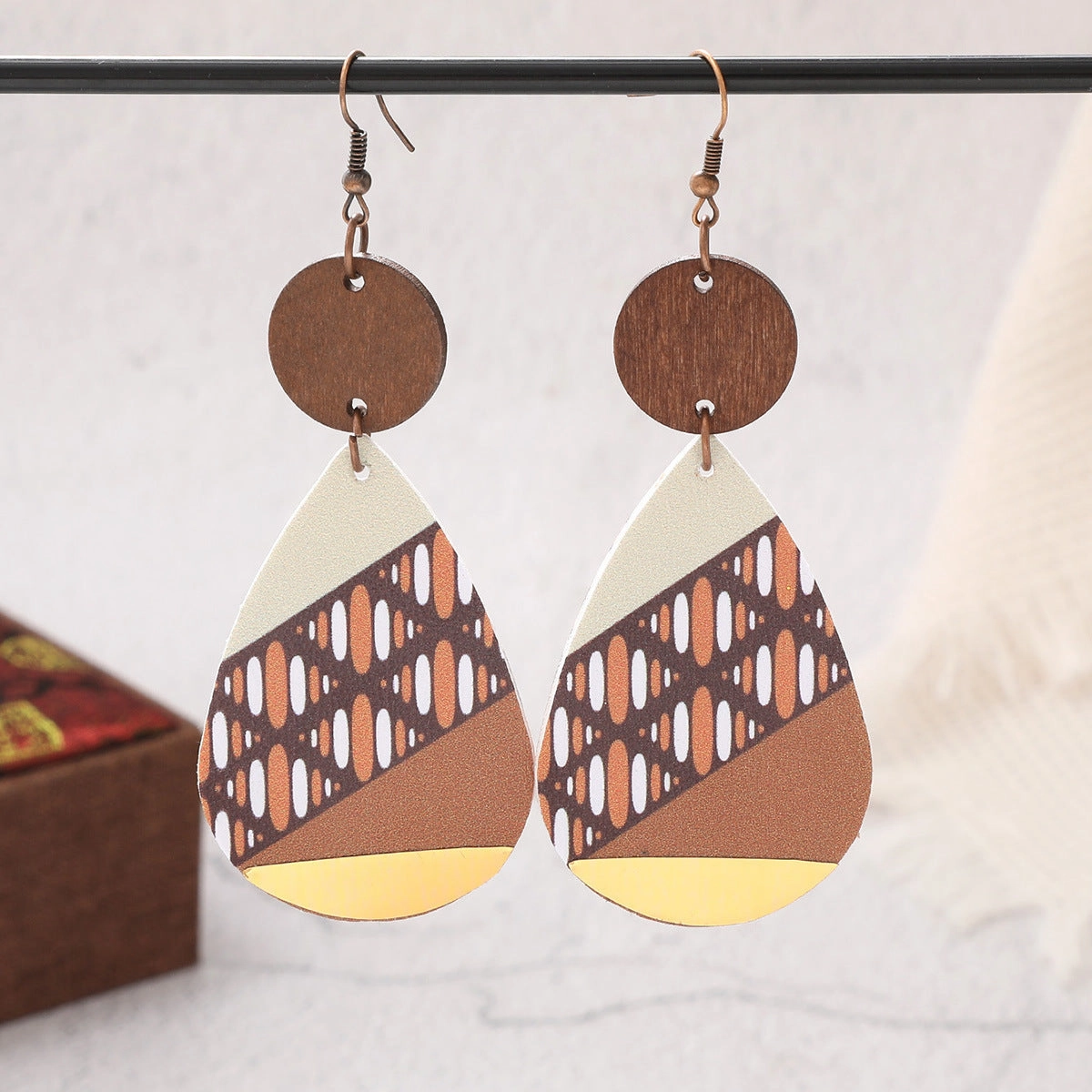 Wholesale Vintage Water Drop Leather Wood Chip Earrings
