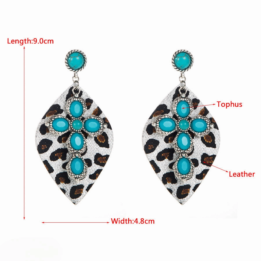Wholesale Vintage Western Leopard Print Inlaid Turquoise Leather Earrings