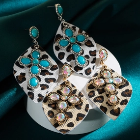 Wholesale Vintage Western Leopard Print Inlaid Turquoise Leather Earrings