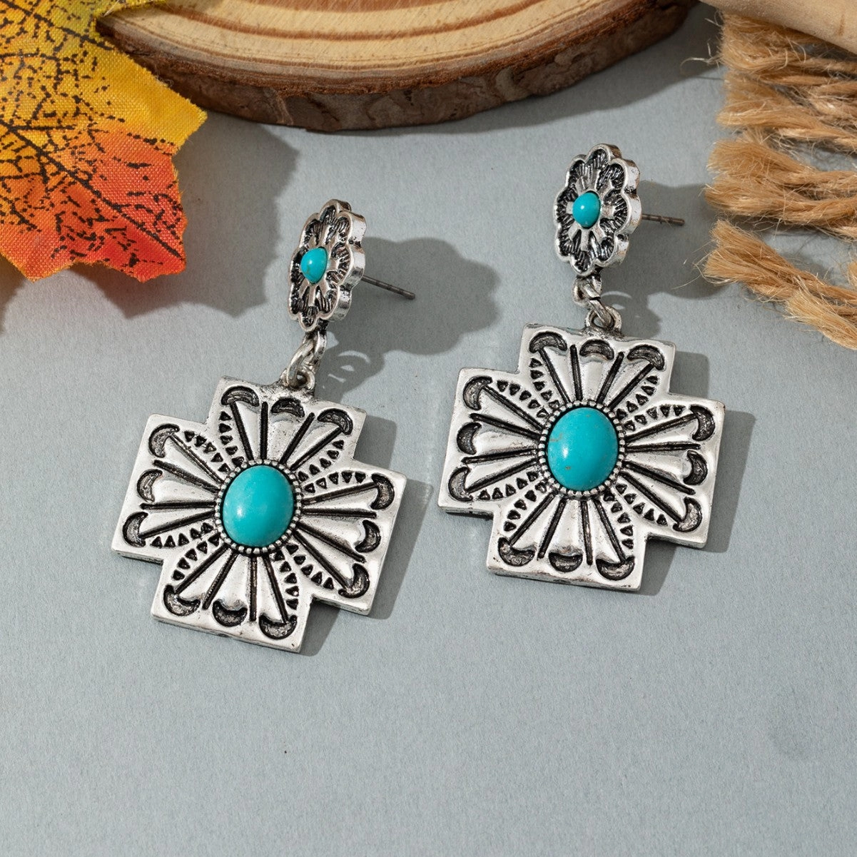 Wholesale Vintage Western Turquoise Oval Exaggerated Earrings