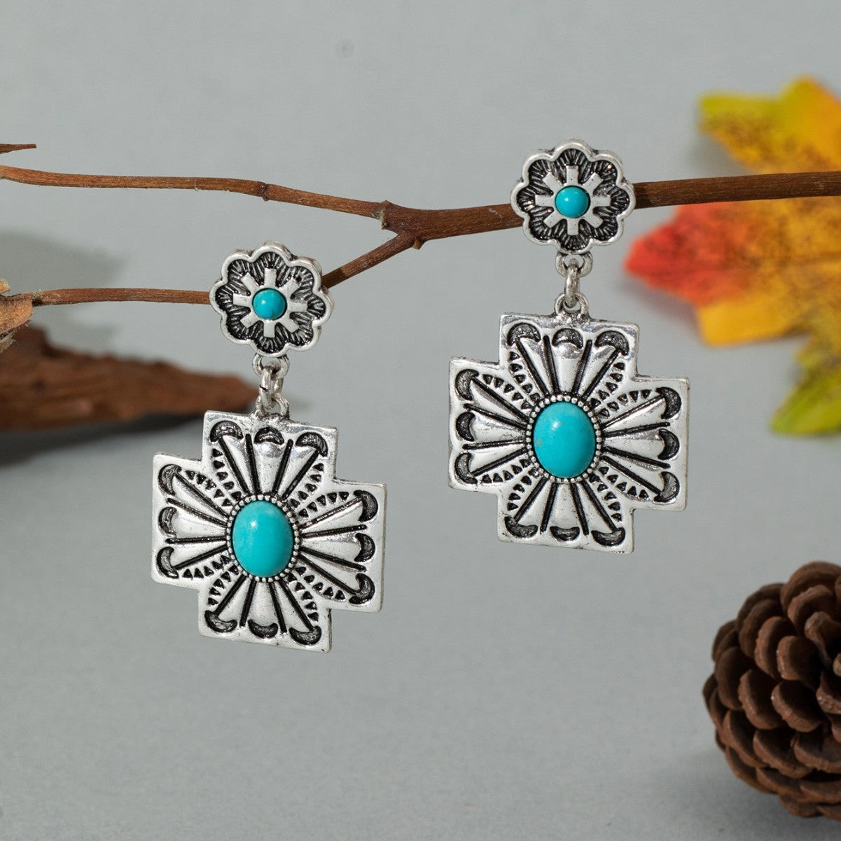 Wholesale Vintage Western Turquoise Oval Exaggerated Earrings
