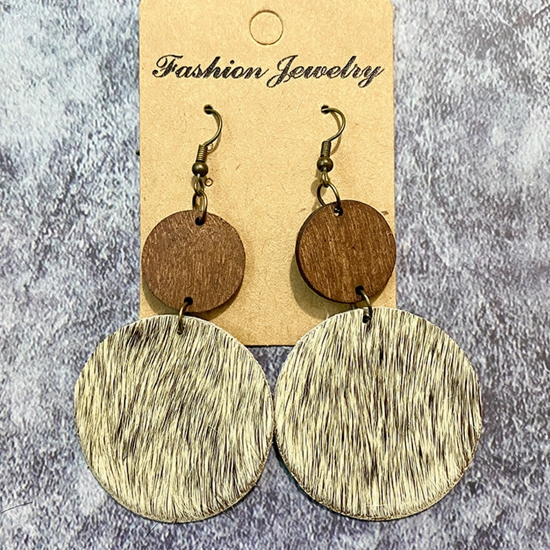 Wholesale Vintage Western Wood Genuine Leather Horse Hair Stitching Earrings
