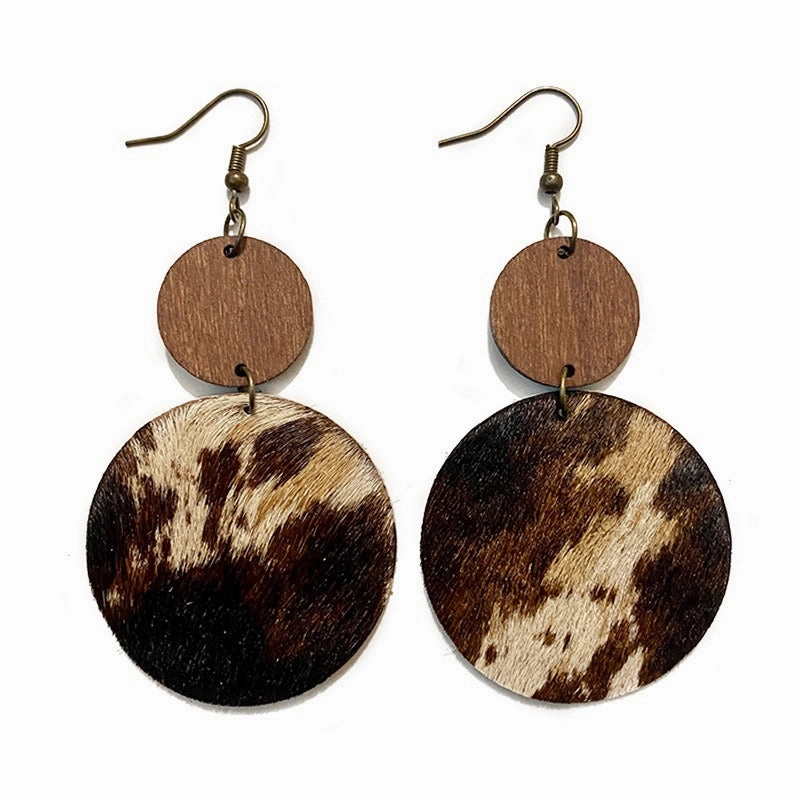 Wholesale Vintage Western Wood Genuine Leather Horse Hair Stitching Earrings